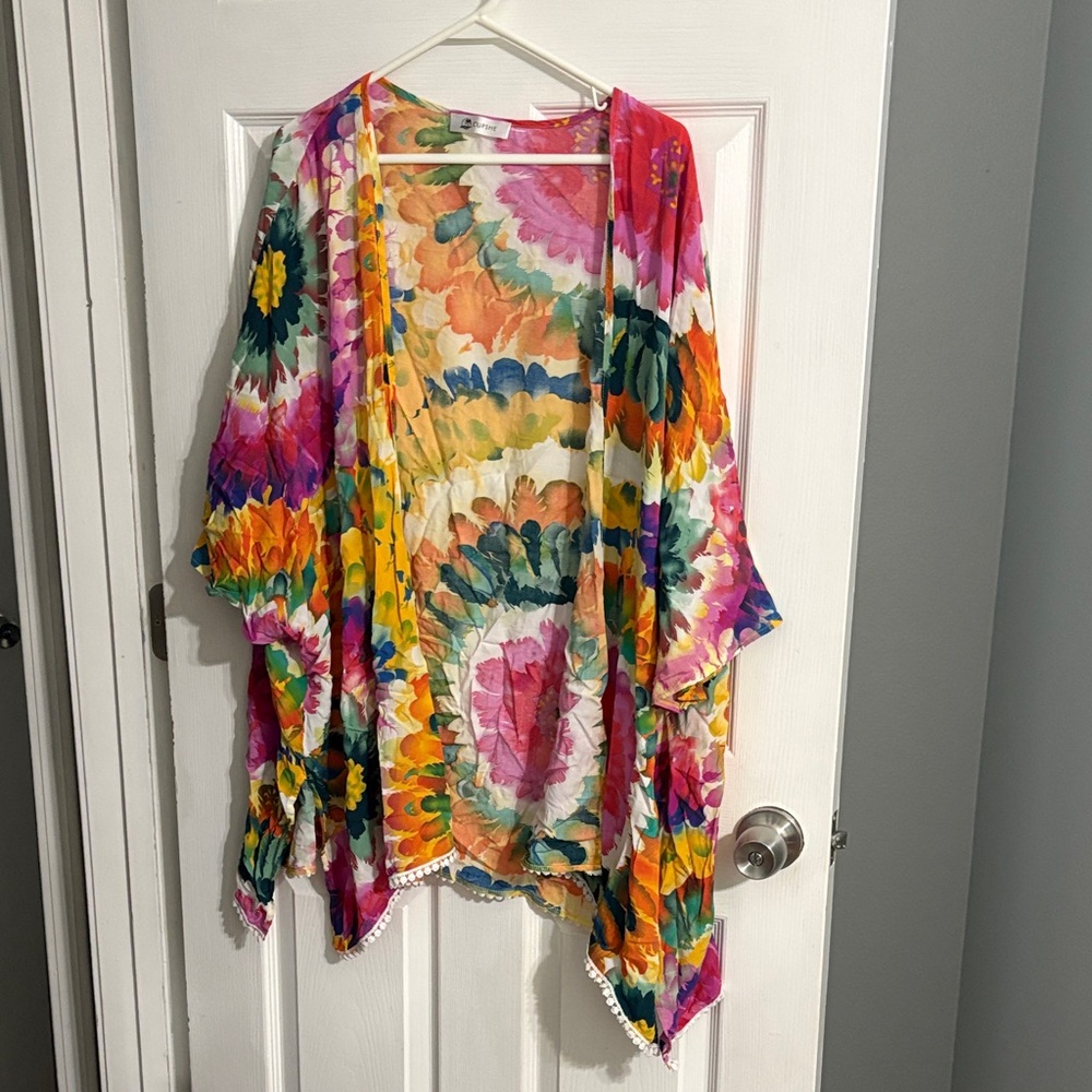 Cupshe Colorful Floral Tie Dye Kimono Swim Cover up Beach Pool Lake